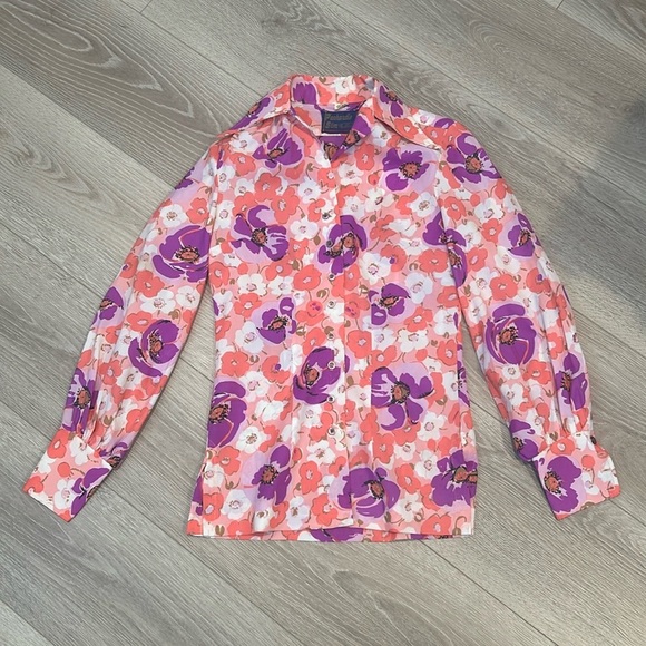 Vintage Tops - Vintage 1960's / 1970's Panhandle Slim Pink Floral Button Up Shirt Size XS
